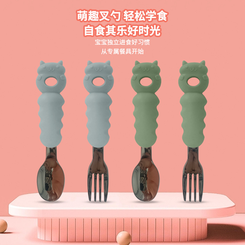 New Arrival Baby Feeding Food Supplement Puree Fork Spoon Cartoon Totoro Children Stainless Steel Fork Spoon Tableware Set