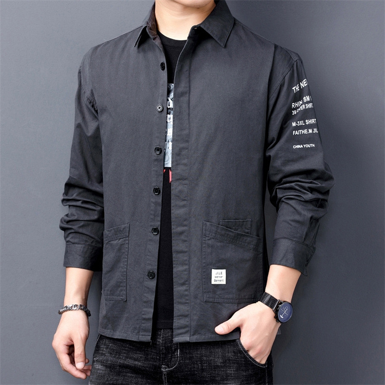 三十秋2022款男士衬衫青年韩版纯色衬衣男装翻领工装外套男士休闲