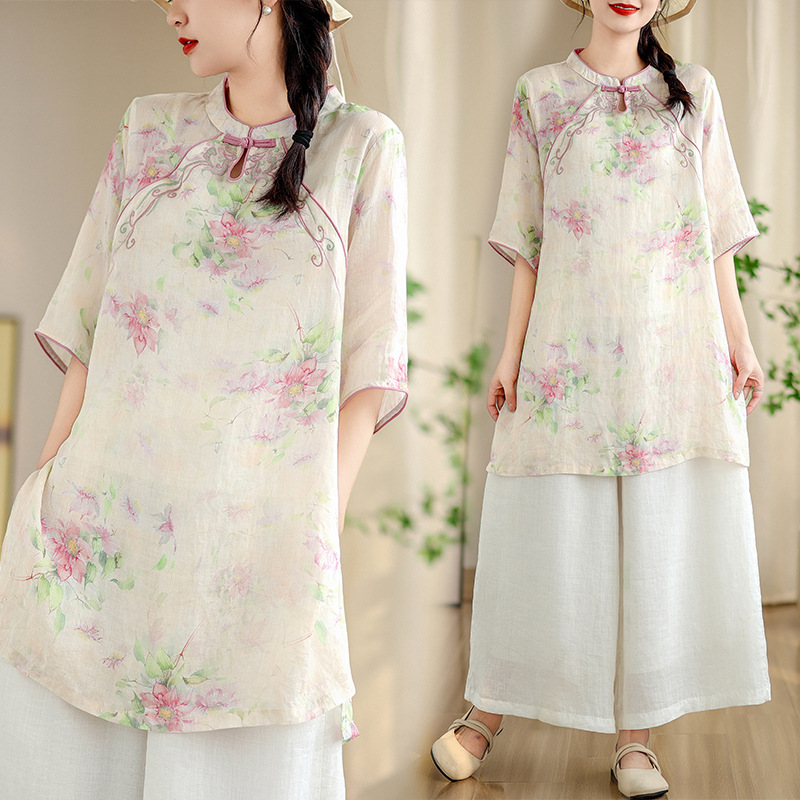 中国风文艺复古连衣裙夏新中式民族风印花衬衣唐装改良旗袍上衣女