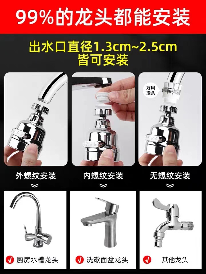 Faucet Rotating Filter Lengthened Bubbler Anti-Splash Head Water-Saving Universal Sprinkler Shower Booster Filter