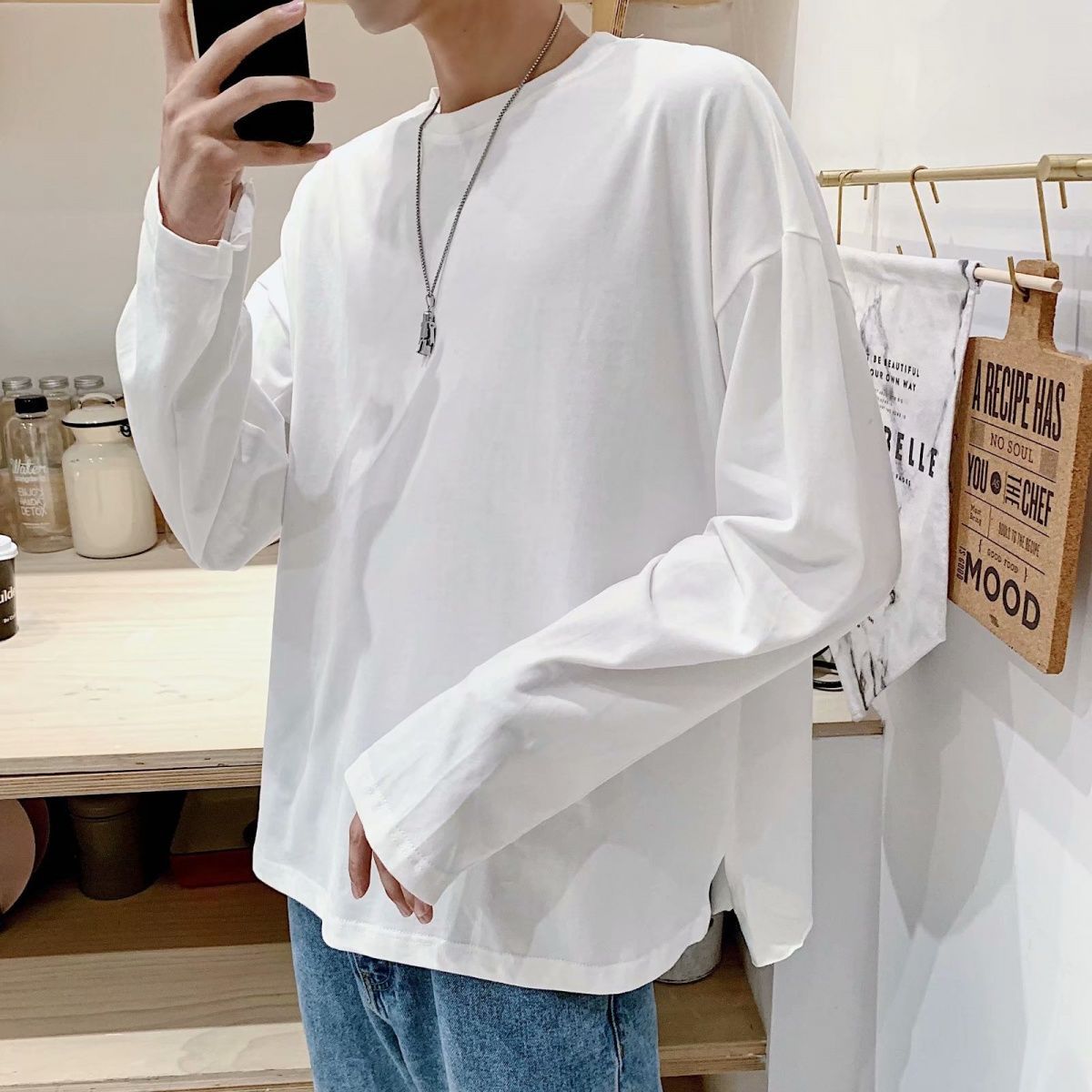 色长袖t恤男潮流简约宽松上衣服les帅t运动休闲百搭男装打底衫