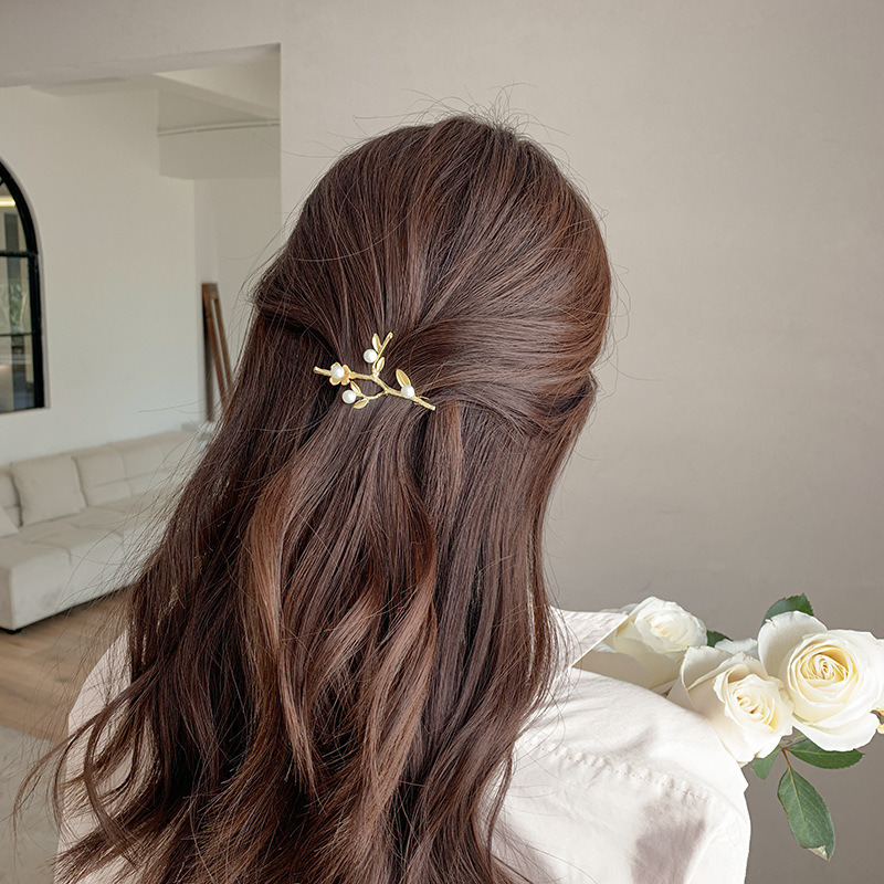 Elegant Retro Branch Pearl Barrettes South Korea Online Influencer Refined Hairpin Broken Hair Female Bang Side Clip Hair Clip Headdress