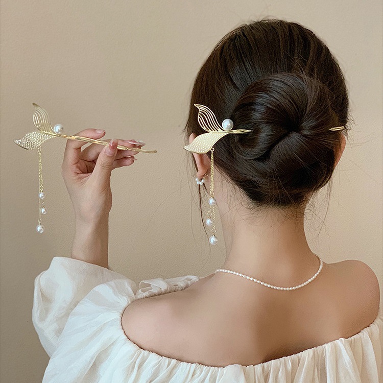 updo fishtail hairpin women‘s rhinestone pearl tassel hair pin ancient style han chinese clothing hairpin accessories headdress