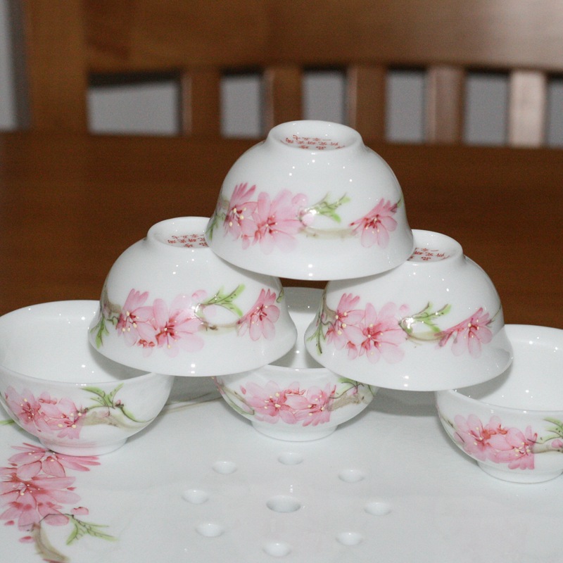 包邮 景德镇7501毛瓷 手绘水点桃花8头茶具带茶盘 收藏送礼套装