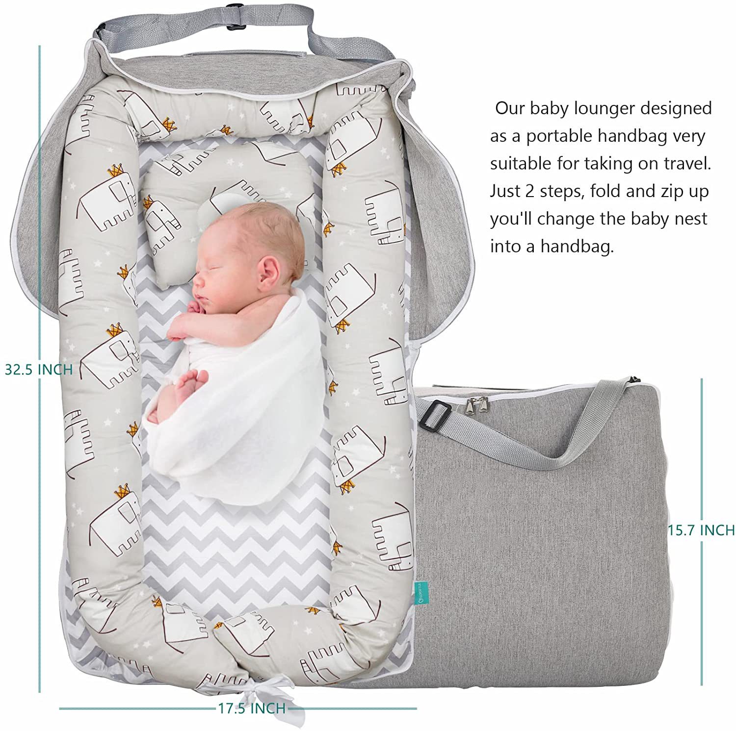 Baby Nest, Anti-Rolling Sleeping Bed, Super Soft Breathable Portable Newborn Recliner Crib Cradle (Baby Elephant)