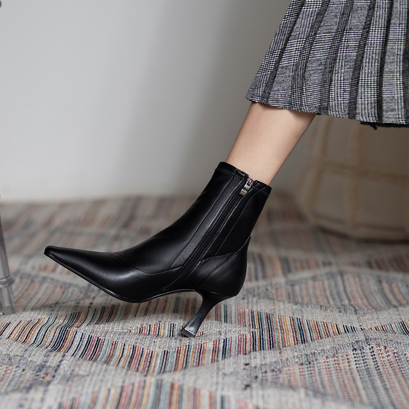 春秋新款尖头高跟时尚女短靴欧美气质优雅细跟女鞋时装拉链靴单靴