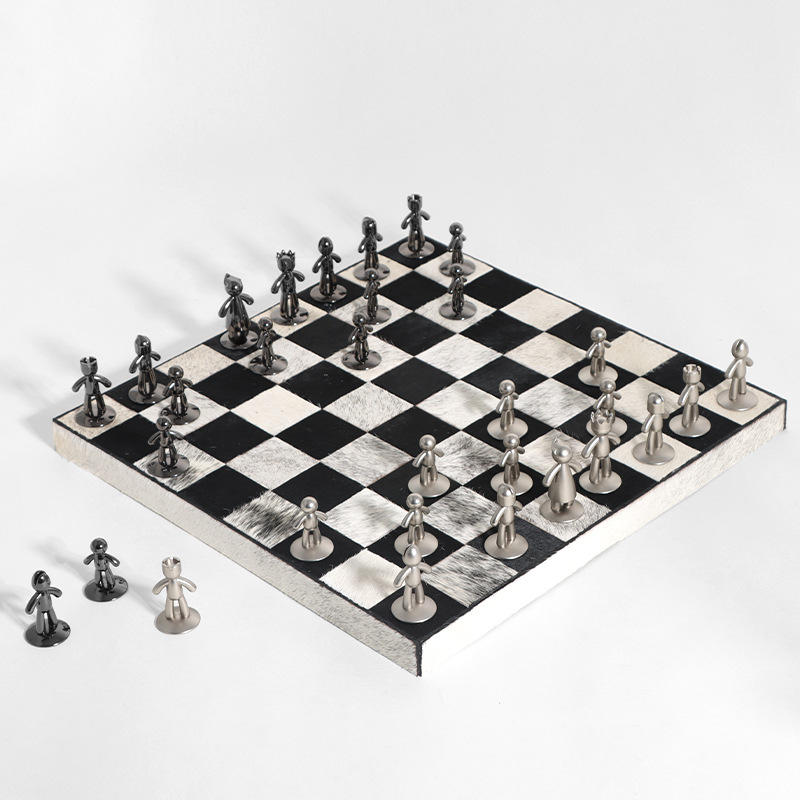 简约现代天然马毛黑白棋盘格国际象棋摆件样板房售楼处客厅装饰品