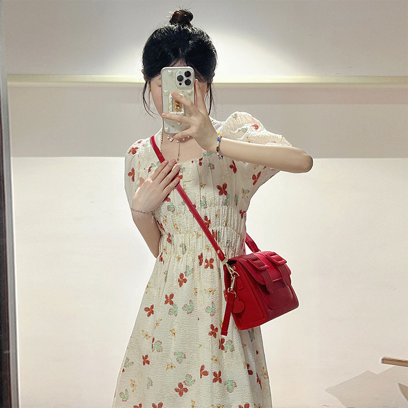 2023 New Summer plus Size Women's Clothes Long Dress Slightly Oversized Girls Slimming Waist-Tight High-Grade French Floral Dress