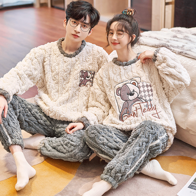 Couple Pajamas Women Winter Thickened Plush Autumn and Winter Flannel 320G Long Sleeve Men plus Size Homewear Suit