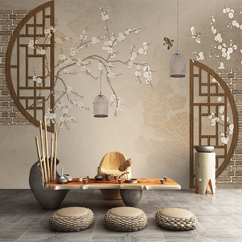 中式墙纸简约古典花鸟禅意古风茶室餐厅卧室电视背景墙3d壁纸墙布