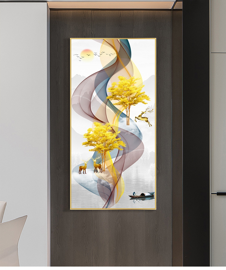 福禄生辉入户玄关装饰画走廊尽头挂画过道背景竖版墙画轻奢壁画