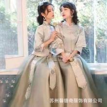 中式伴娘礼服刺绣套装2022新款中国风学妹闺蜜显瘦演出晚礼服预售