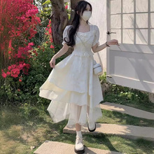 法式名媛风方领短袖连衣裙女夏季2024新款收腰显瘦设计感公主裙子