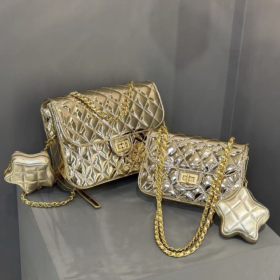 小香风24c夏款漆皮星星金色双肩包女单肩菱格链条镜面银色斜跨包