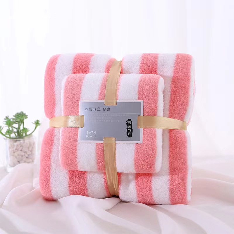 Wide Stripe Towels Set Coral Fleece Towel Soft Absorbent Striped Quick-Drying Beach Towel Home Daily Gift