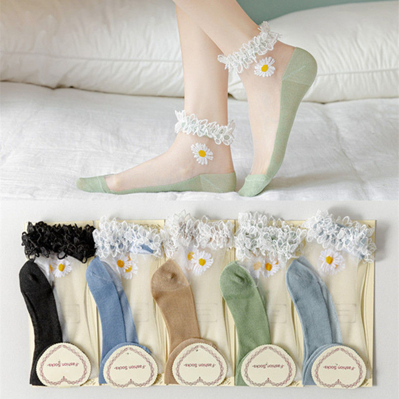 【5双装】珍珠小雏菊袜子女春夏薄款蕾丝花边透明水晶袜浅口短袜