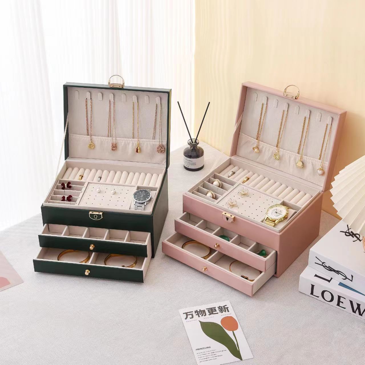 Rhombic High-End Jewelry Box Necklace Earrings Bracelet Ring Storage Box Drawer Three-Layer Jewelry Storage Box with Lock