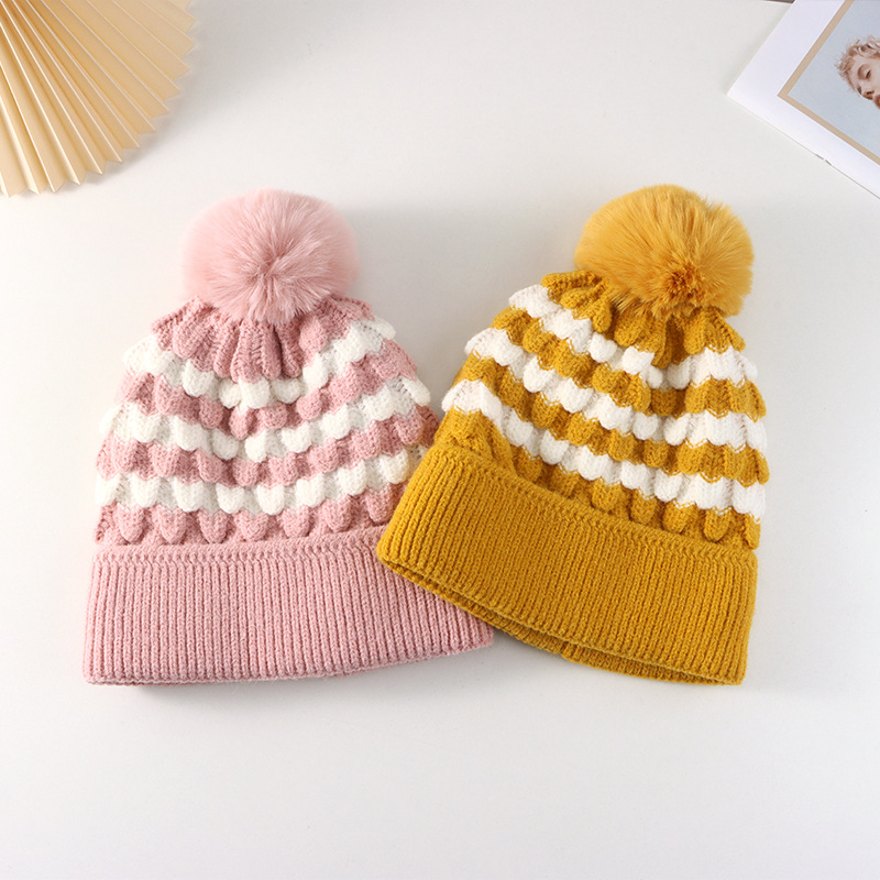 Hat 2023 Autumn and Winter New Striped Flanging Fur Ball Knitted Hat Female Fashionable Warm Woolen Cap European and American Hat Fashion