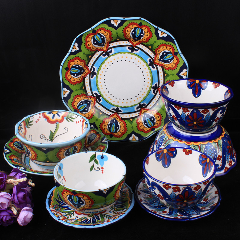 新疆喀什手工彩绘高端陶瓷碗盘炒面拌面抓饭盘子奶茶汤饭酸奶碗厚