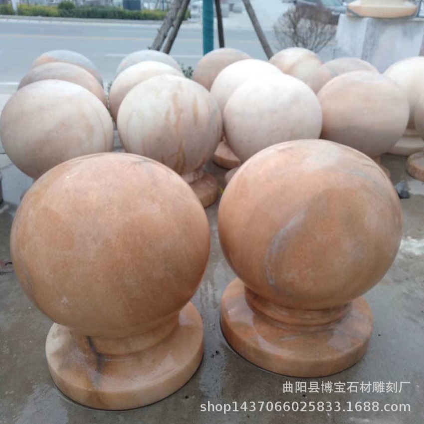 大门垛两侧石球 大理石石雕风水球 花岗岩门垛圆形晚霞红石球优惠
