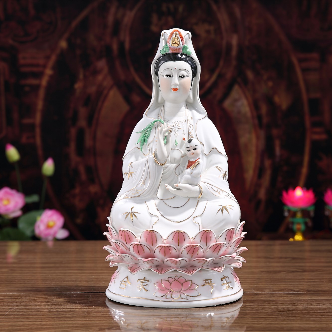 陶瓷送子观音佛像南海观世音菩萨神像坐莲观音彩绘高质量保佑生子