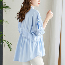 蓝色塔克褶衬衫女七分袖夏装新款设计感别致上衣宽松显瘦纯棉衬衣