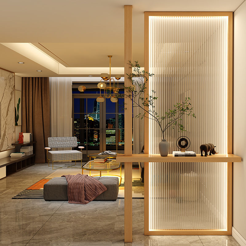 北欧长虹玻璃屏风隔断日式极简约客厅遮挡原木艺术入户玄关