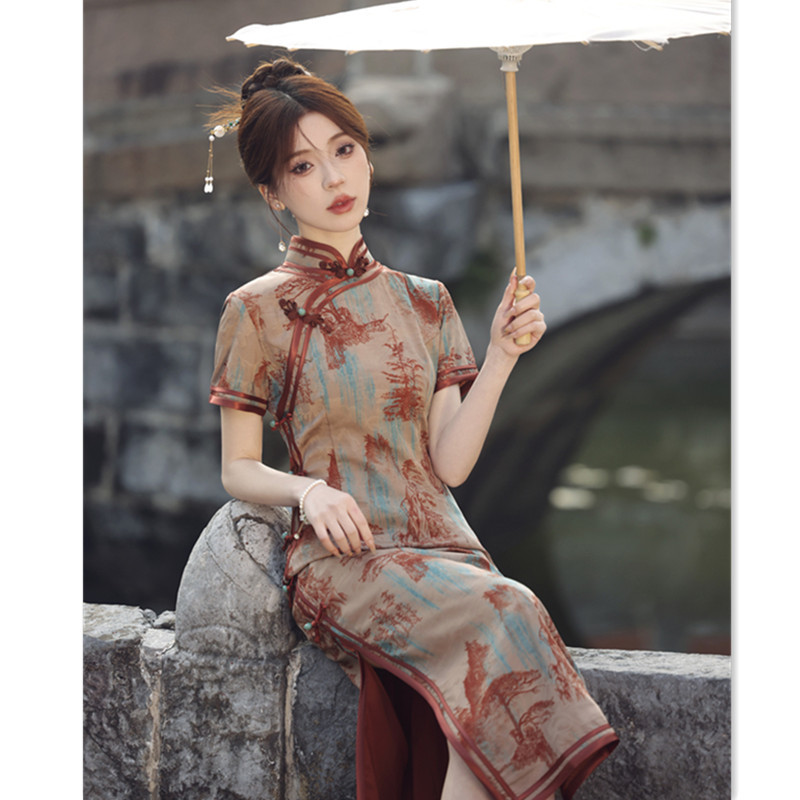 老上海仿香云纱长款短袖旗袍2024春新款复古中国风中老年女士旗袍