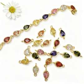 铜镀18k金彩锆水滴形双孔连接器手链项链耳环双吊饰品DIY配件材料