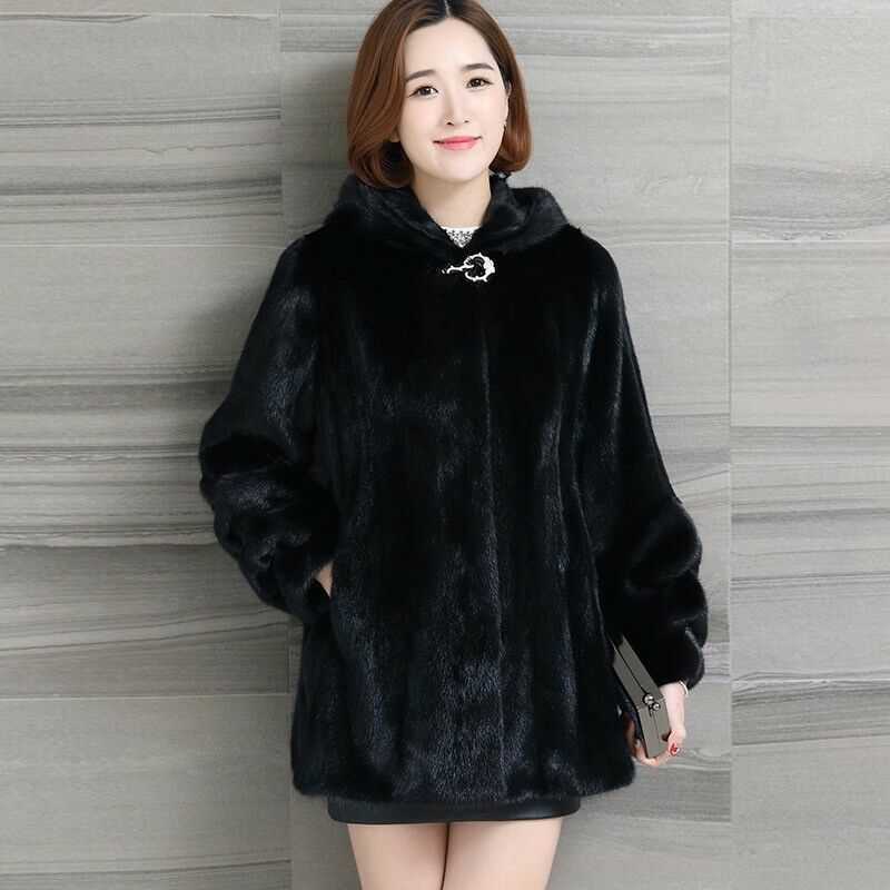海宁仿貂皮大衣女中长款秋冬加厚大码仿水貂绒连帽皮外套女显瘦