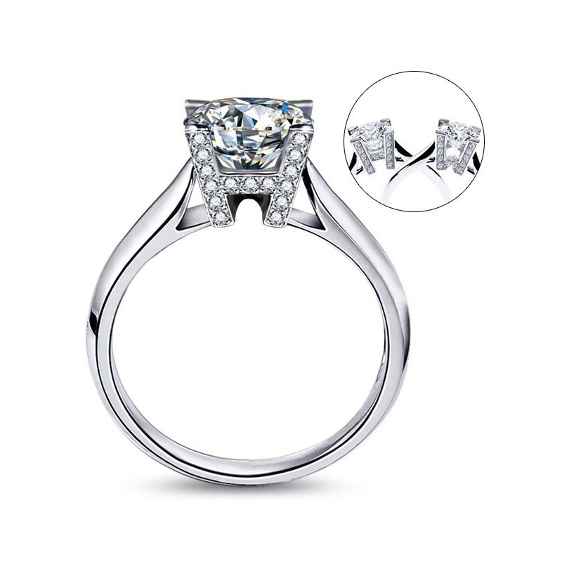 欧美镀s925银镶钻订婚戒指仿莫桑石新款创意hw英文字母克拉仿钻戒