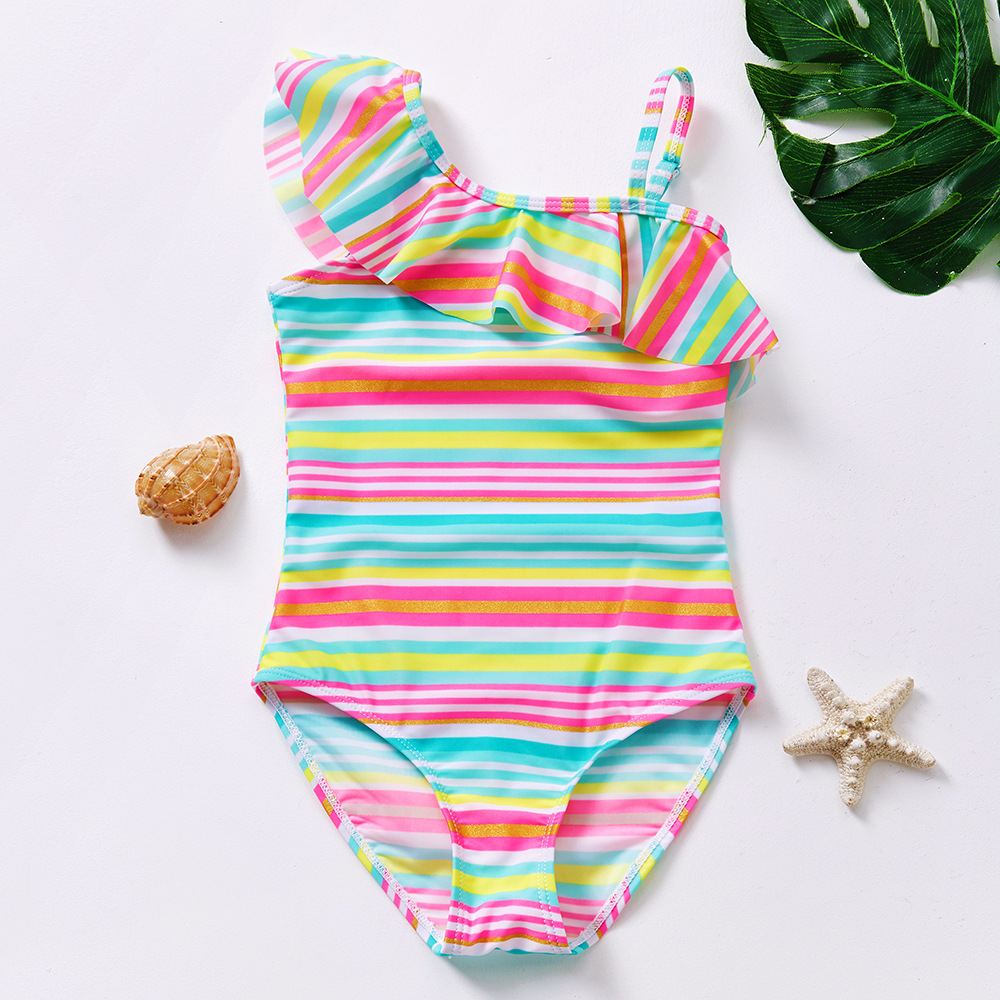 Spot Foreign Trade New Girl's One-Piece Swimming Suit Striped Bronzing Children's One-Piece Swimsuit Children Swimsuit