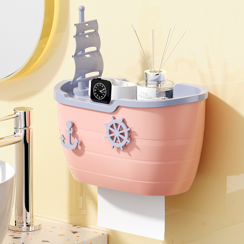 Boat Bathroom Wall-Mounted Tissue Box Waterproof Creative Toilet Paper Box Storage Tissue Box Toilet Roll Stand No Punch Frame