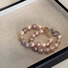 混彩天然巴洛克珍珠手链糖果色强光10-11mm串珠法式复古异形大圆