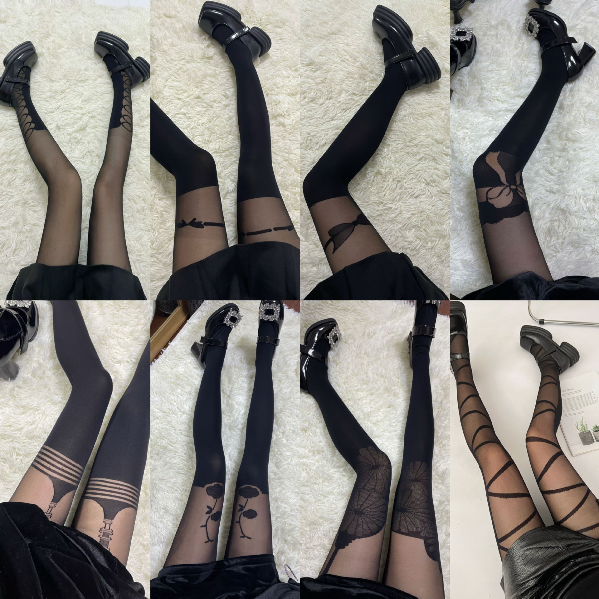 jk吊带拼接假高筒连裤袜纯欲风性感ab面绑带几何花朵提花黑丝少女