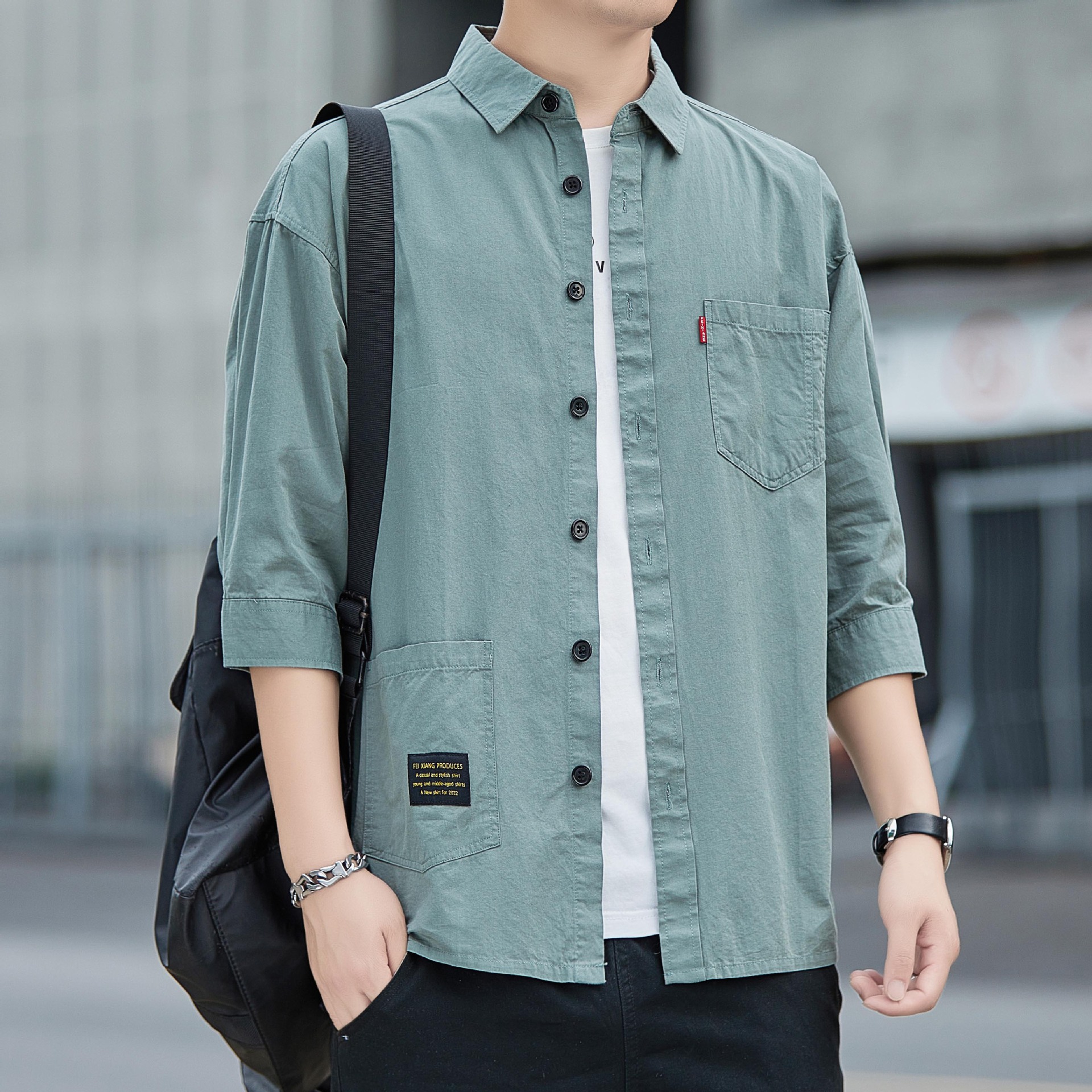 夏季纯棉七分袖衬衫男款休闲全棉短袖衬衣男士薄款外套男装批发潮