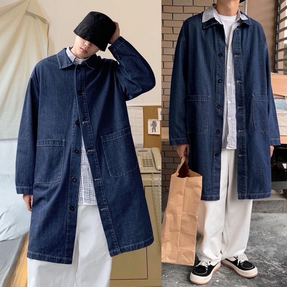 春秋季中长款牛仔夹克男宽松风衣网红青年牛仔外套个性牛仔服大衣