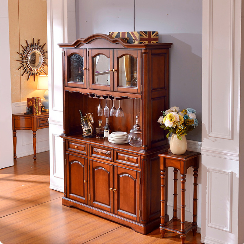 美式实木酒柜桃花心木餐厅三门玻璃储物柜客厅欧式复古矮柜餐边柜