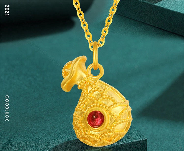 18k金吊坠小福袋黄金锁骨链女au750纯足金吊坠单坠正品520礼物