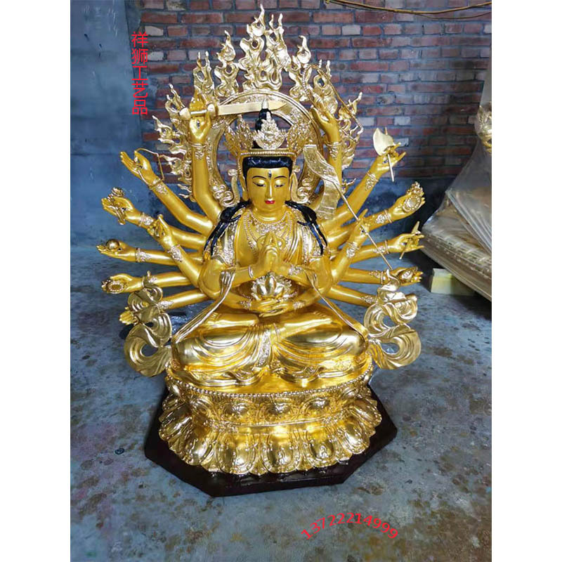 祥狮大型铜像准提佛母准提菩萨神像铜贴金色彩绘家用客厅奉供摆件