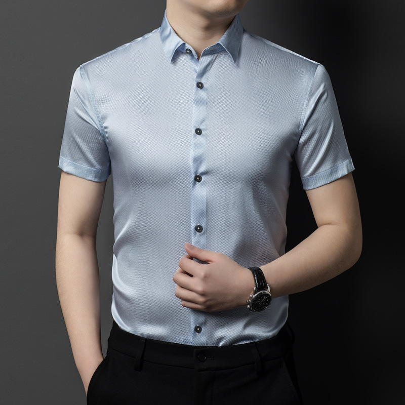 恒源祥高档桑蚕丝格纹印花衬衫男士短袖夏季中年商务休闲真丝衬衣