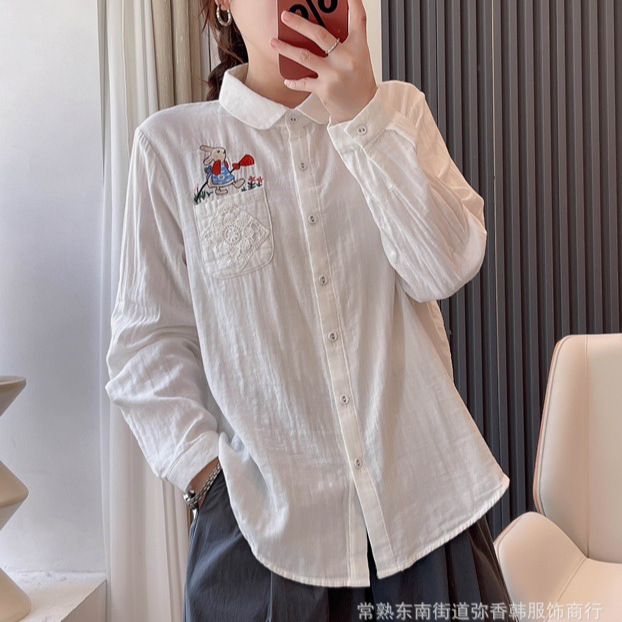 装双层棉纱刺绣小花长袖衬衫女宽松百搭文艺棉柔软衬衣-阿里巴巴