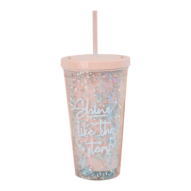 Internet Celebrity Star Sequins Creative Plastic Student Gift Cup Summer New Double-Layer Home Carrying Straw Ice Cup