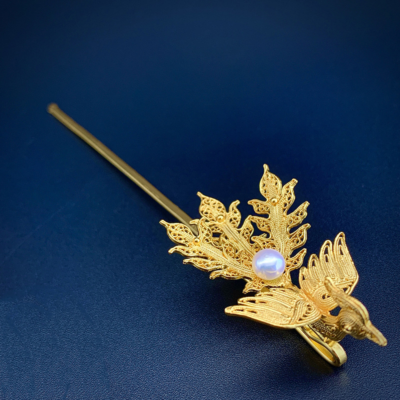 大银家挑牌明制花丝镶嵌足银镀金三尾偏凤钗汉服日常发簪新娘头饰