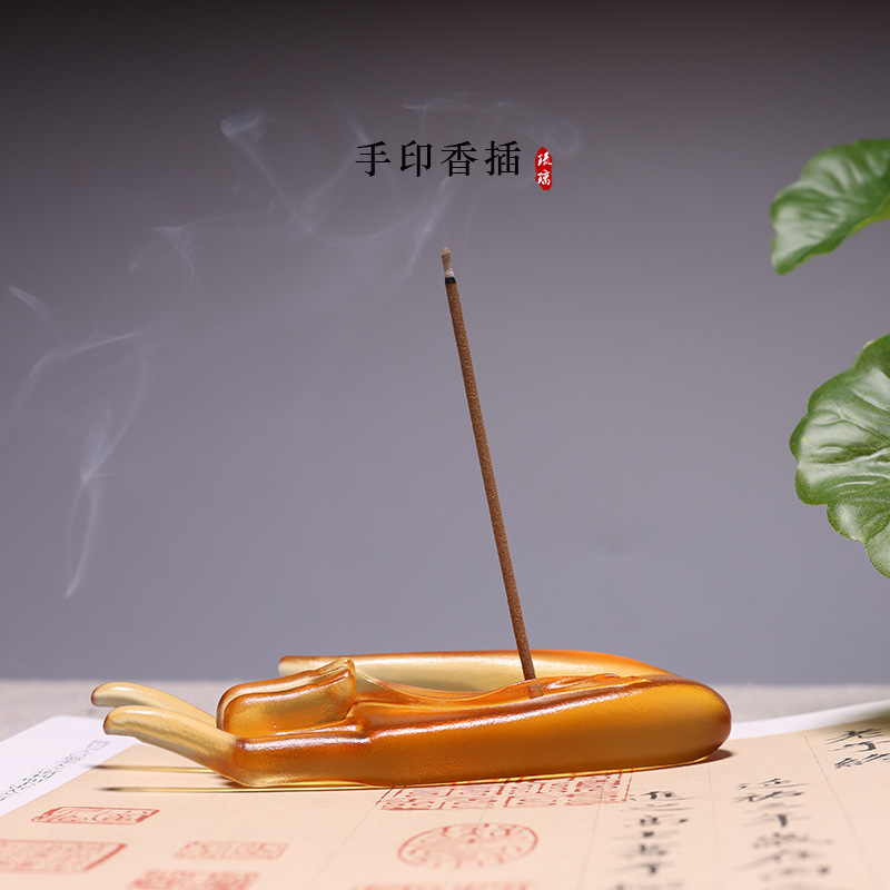 琉璃佛手手印线香香插禅意摆件居家供奉香炉书法玄关桌面摆件礼物
