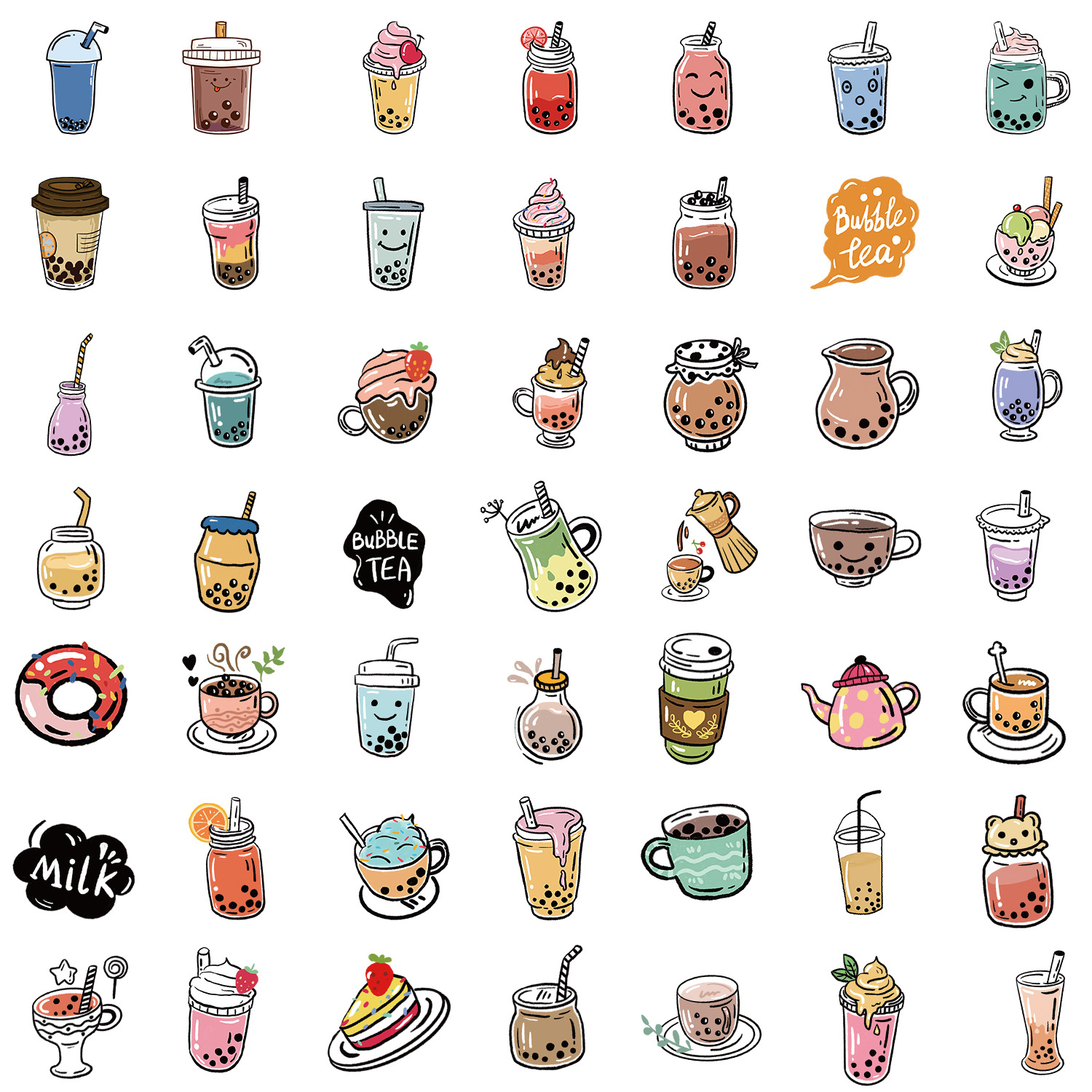 50张可爱珍珠奶茶涂鸦贴纸手机电脑笔袋装饰贴画防水创意手帐贴纸