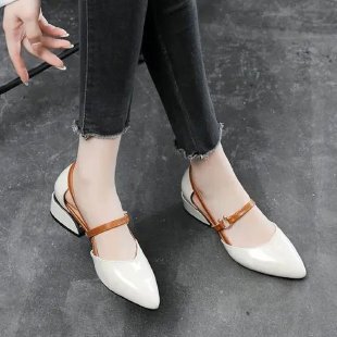 春夏季四季单鞋粗跟软底纯色尖头中空透气时尚中老年女鞋批发