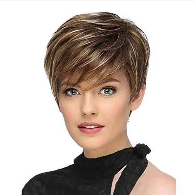 欧美女士偏分短假发斜刘海短直发bobo头短发栗色挑染渐变金色