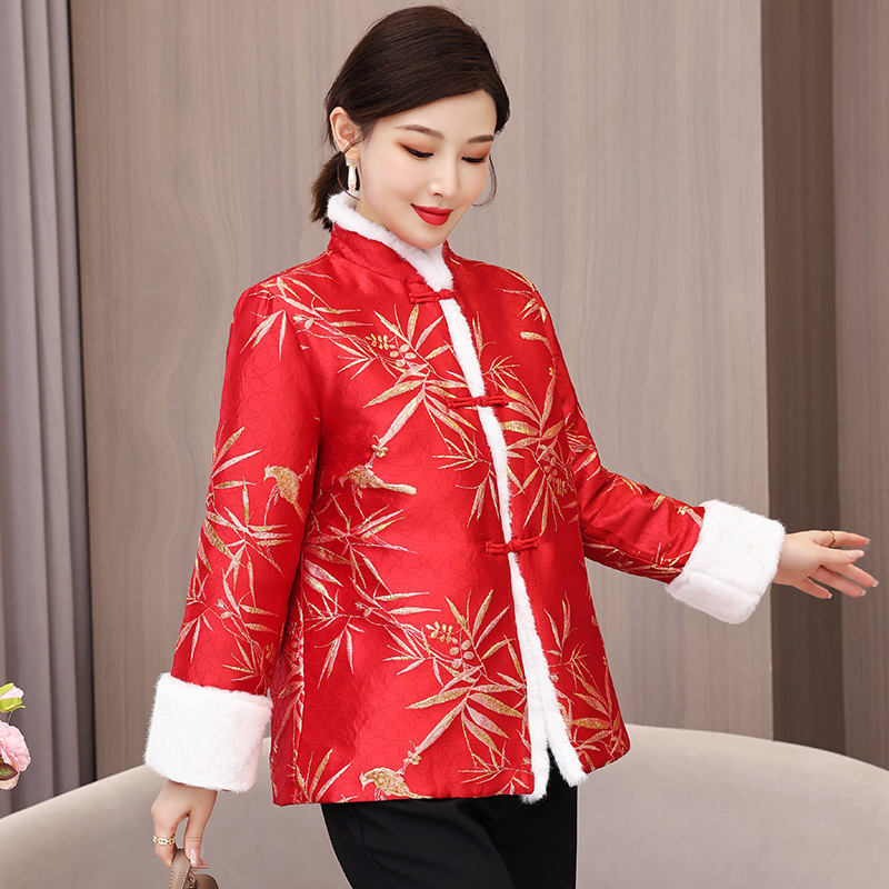 2023冬季新款复古新中式国风唐装改良提花夹棉棉服外套上衣女