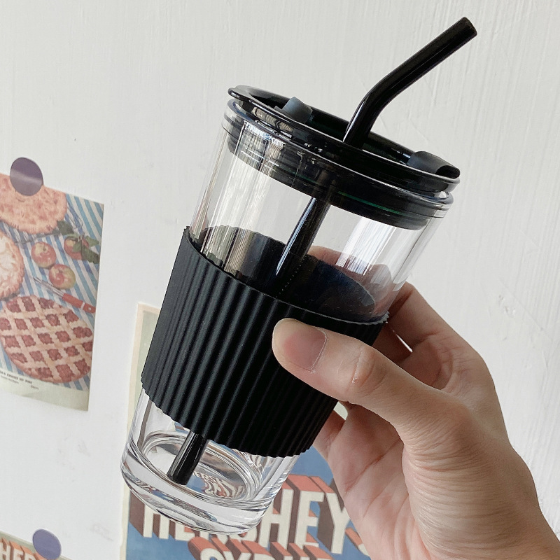 Large-Capacity Water Cup Ins Simple Glass Straw Cup Korean Student Coffee Cup Milk Cup Internet Celebrity Cup with Lid